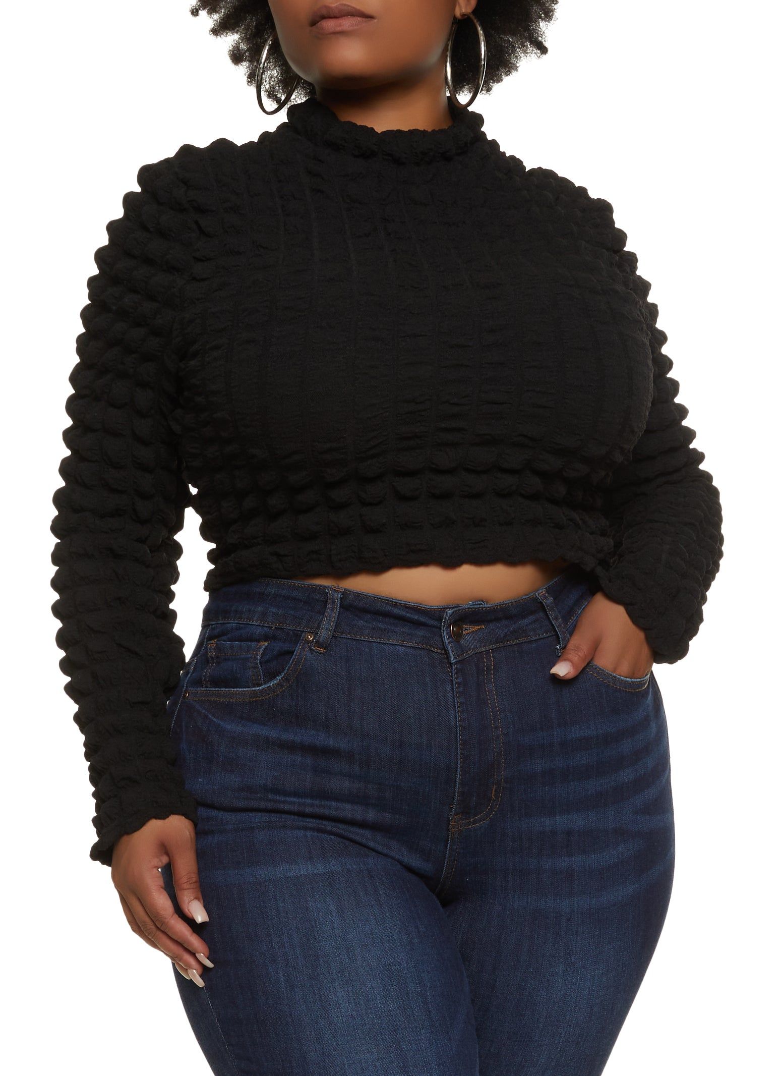 Plus Size Bubble Knit Mock Neck Long Sleeve Crop Top sold by Rainbow