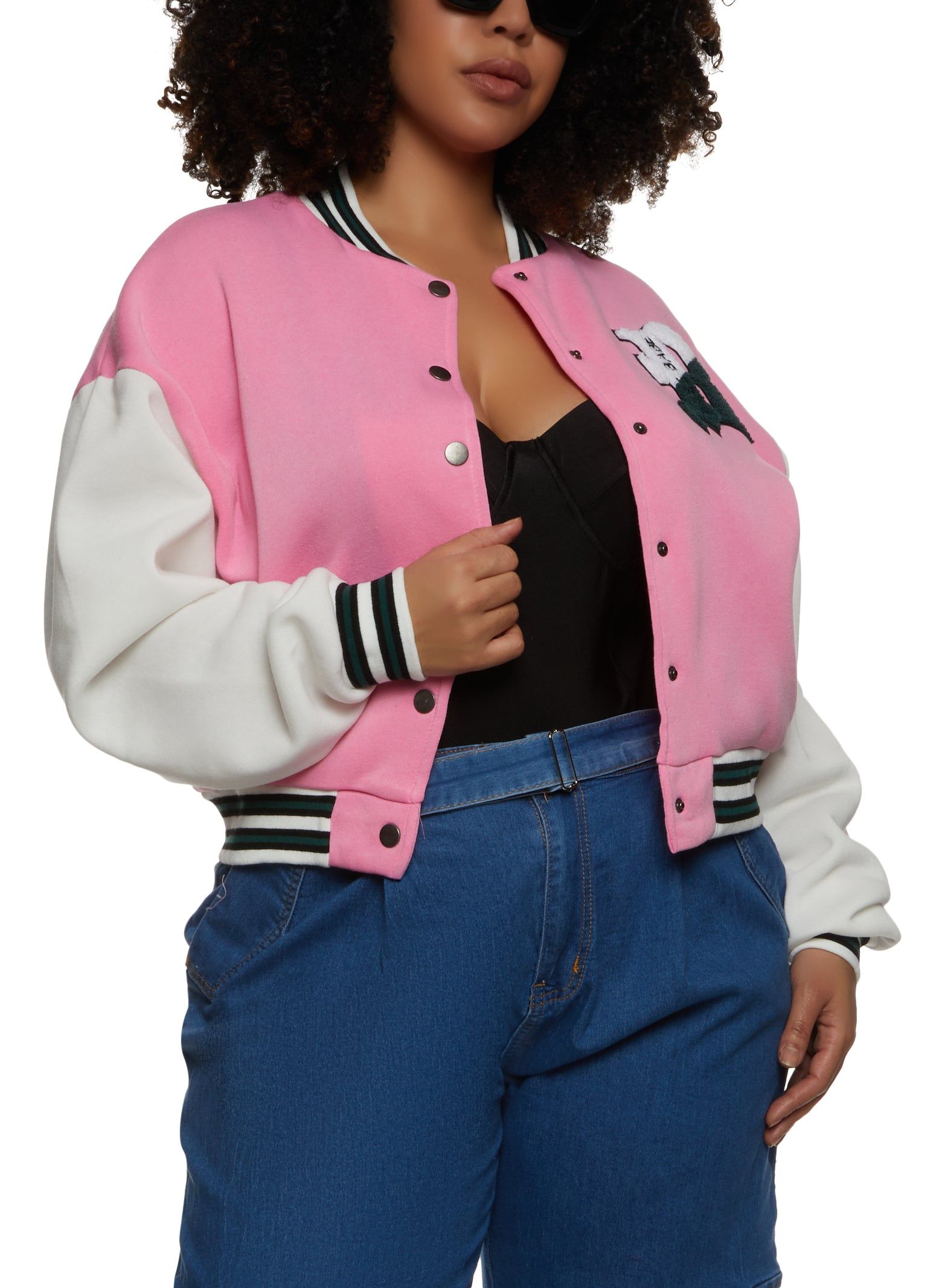 Plus Size Boss Babe Chenille Patch Varsity Jacket sold by Rainbow