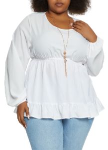 Plus Size Ruffle Trim Peplum Blouse with Necklace sold by Rainbow