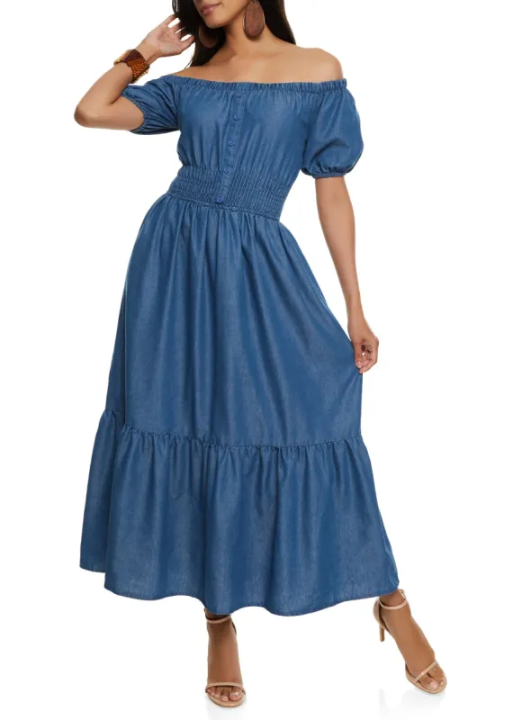 Chambray Off the Shoulder Peasant Dress made by Rainbow