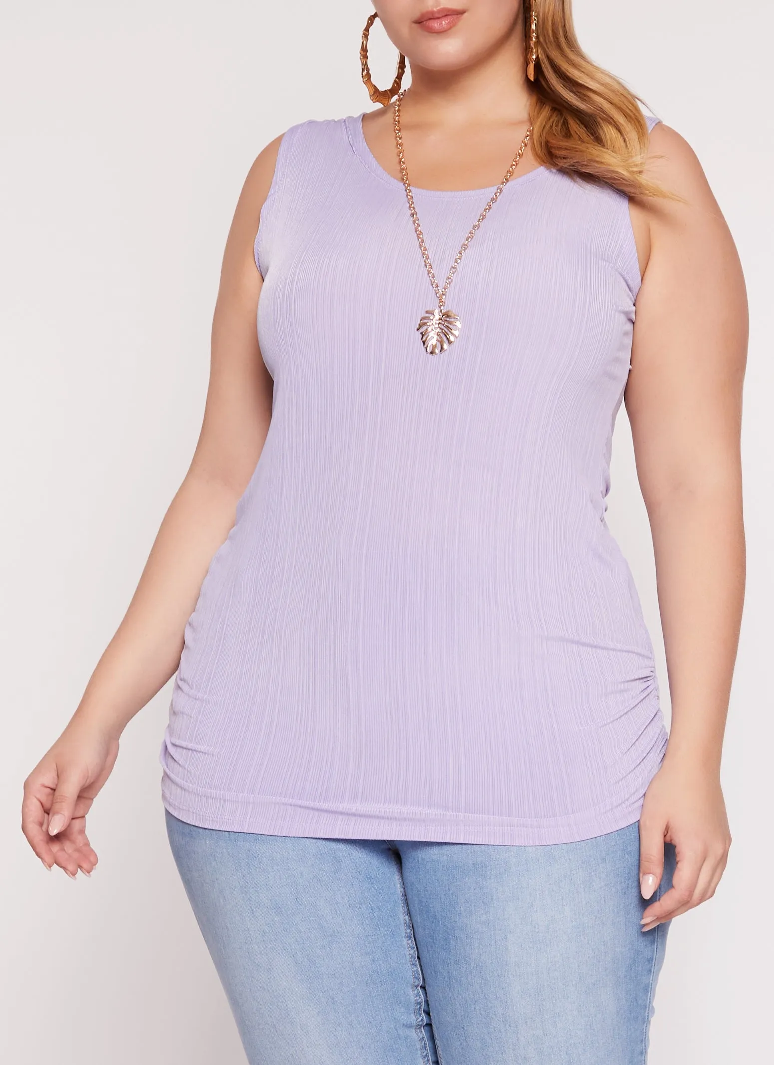 Plus Size Rib Knit Ruched Tank Top with Necklace sold by Rainbow