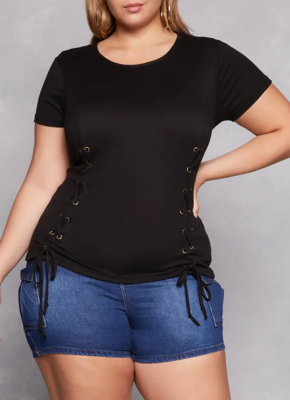 Plus Size Basic Lace Up Detail Short Sleeve Tee sold by Rainbow