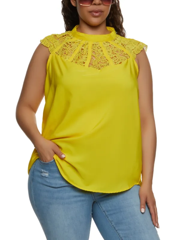 Plus Size Crochet Detail Mock Neck Sleeveless Blouse sold by Rainbow