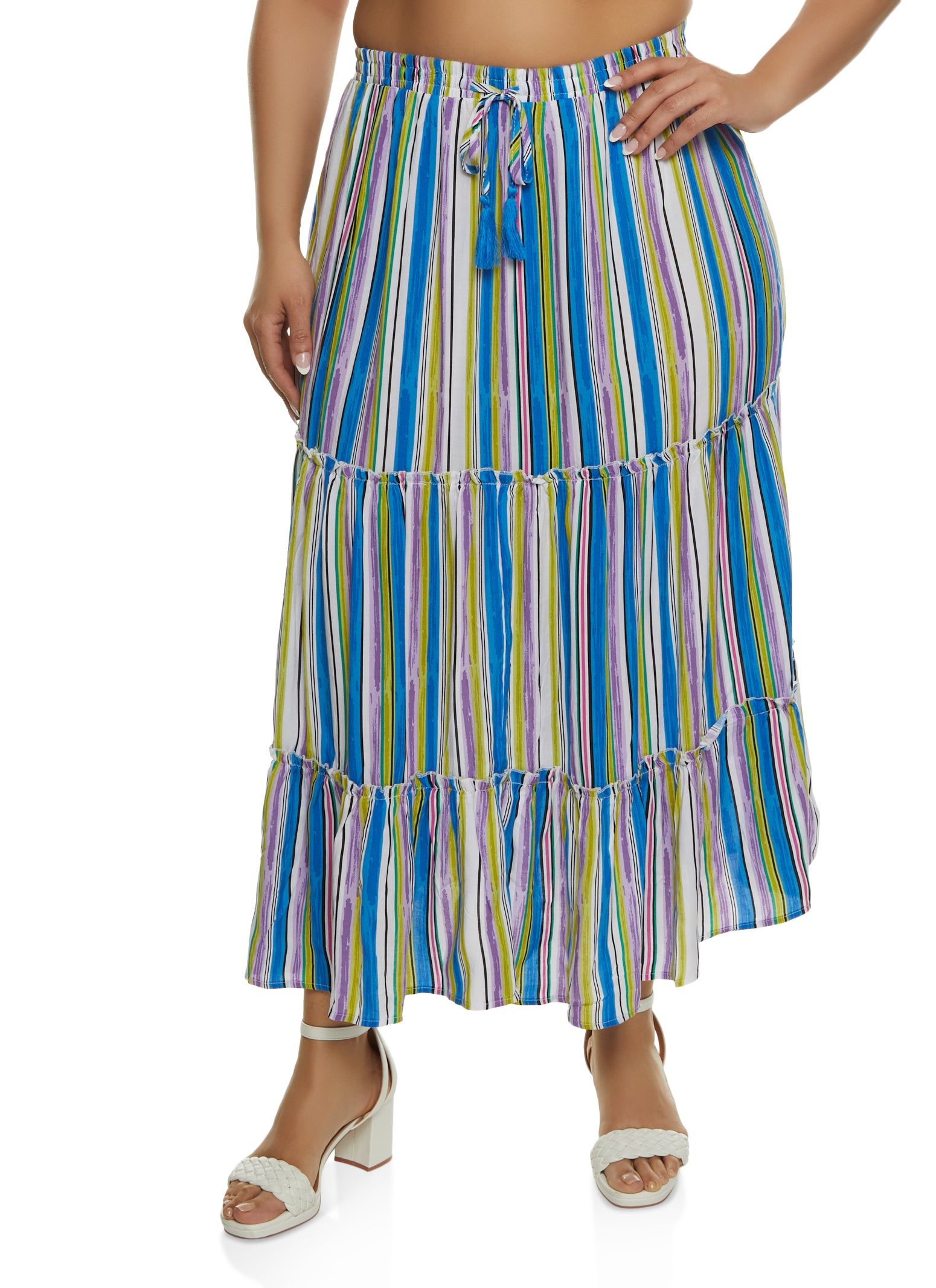 Plus Size Stripe Tiered Maxi Skirt sold by Rainbow