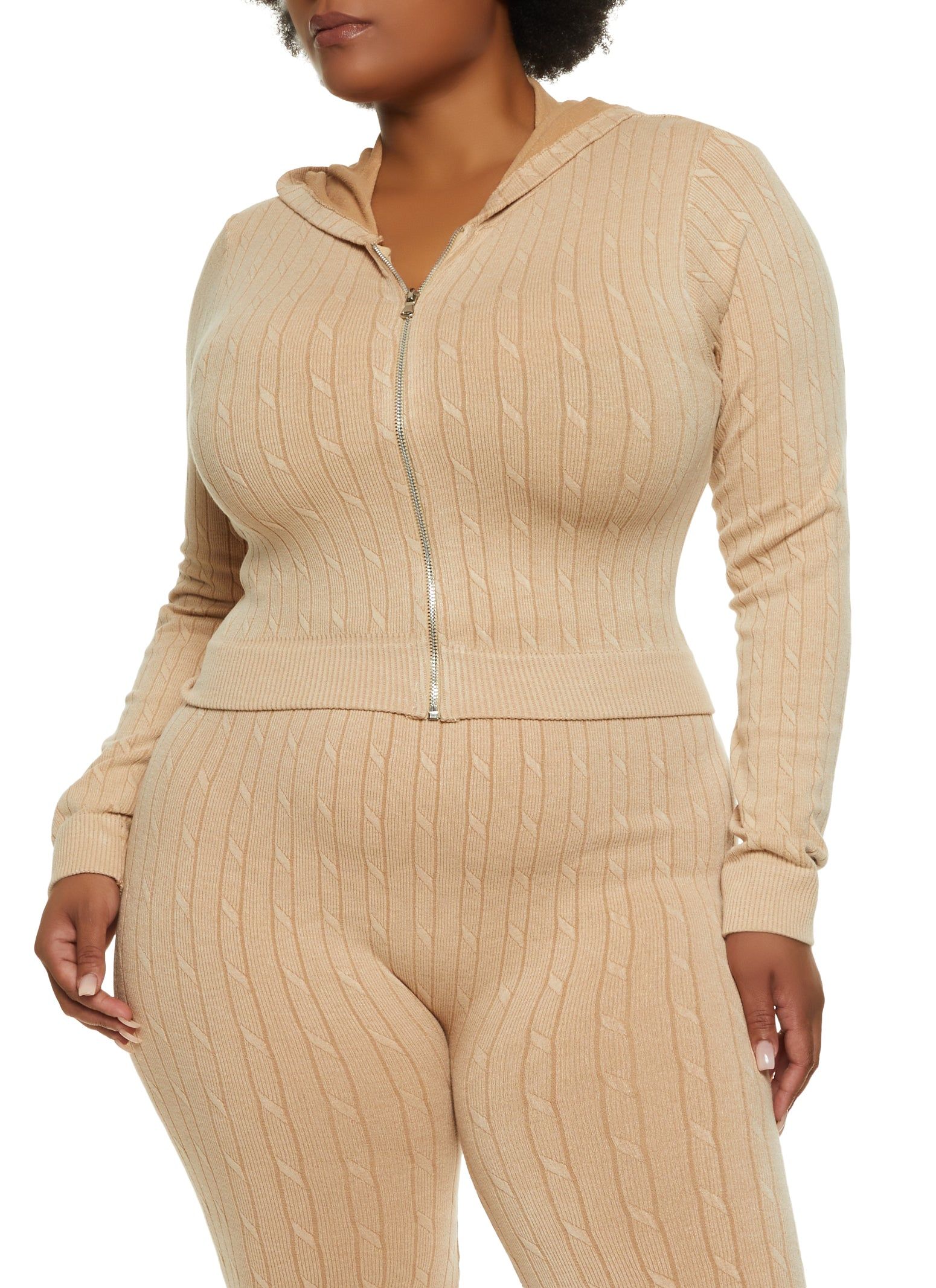Plus Size Seamless Cable Knit Zip Front Hoodie sold by Rainbow