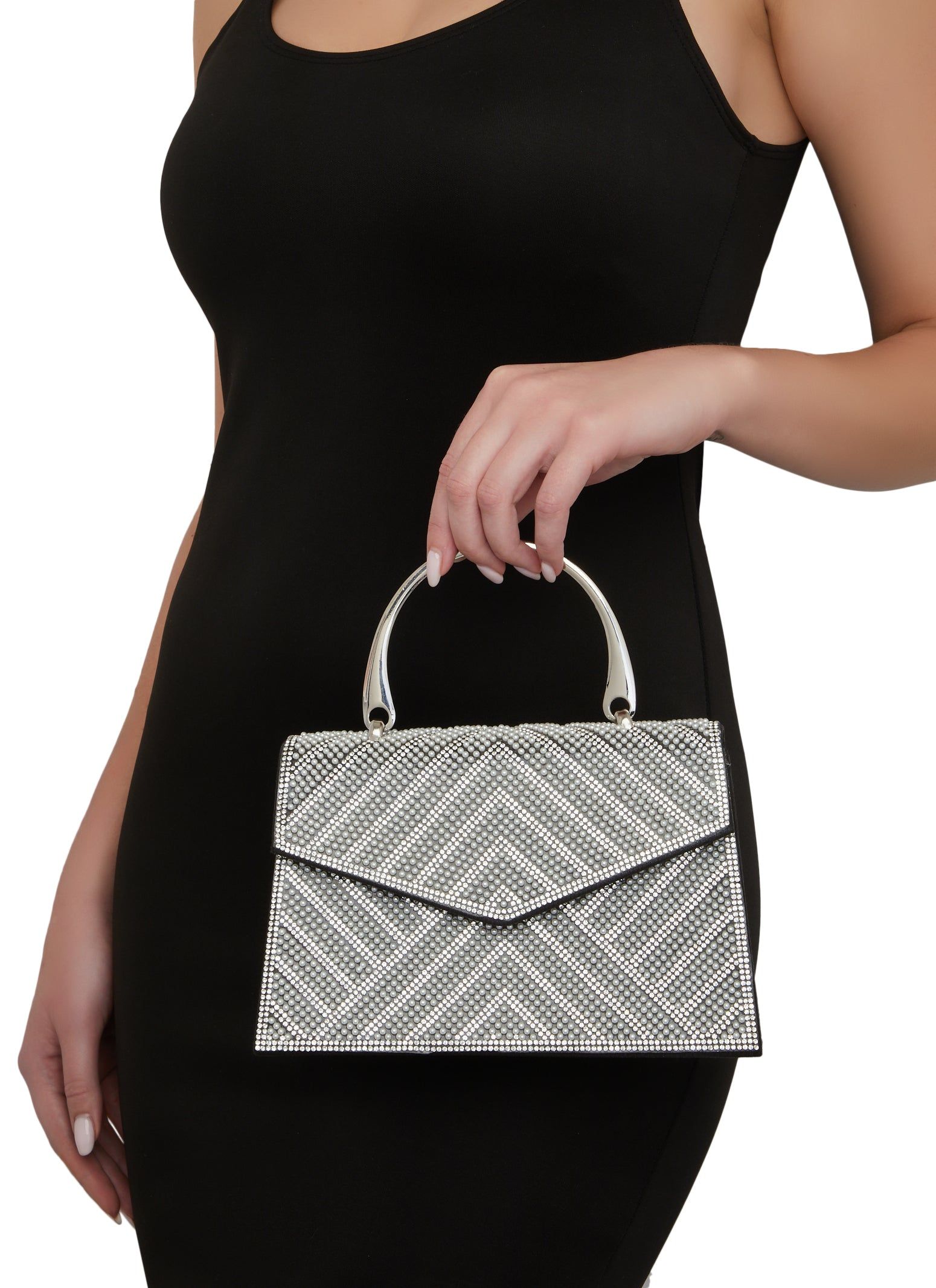 Pearl Rhinestone Flap Clutch sold by Rainbow