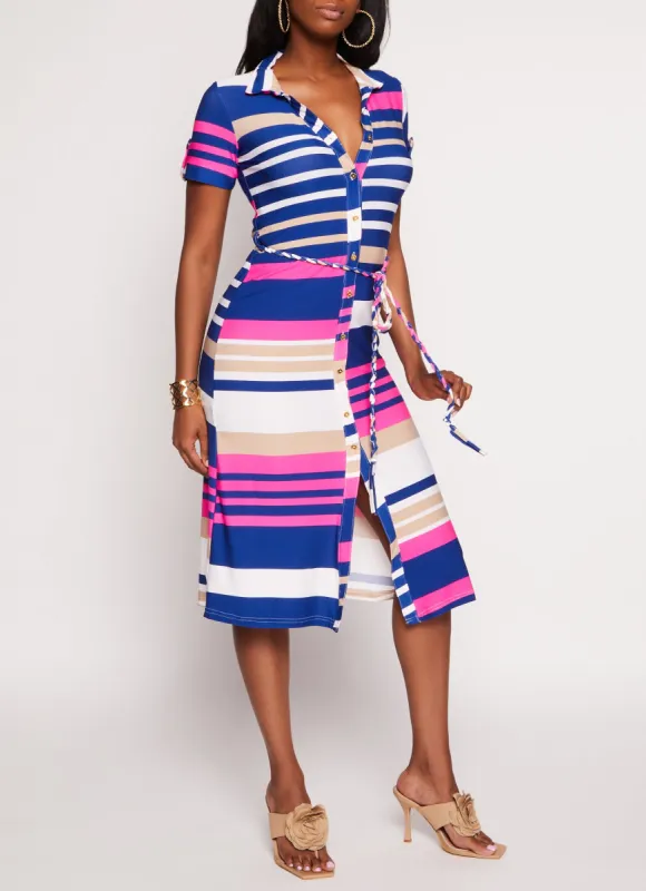 Short Sleeve Striped Midi Shirt Dress sold by Rainbow