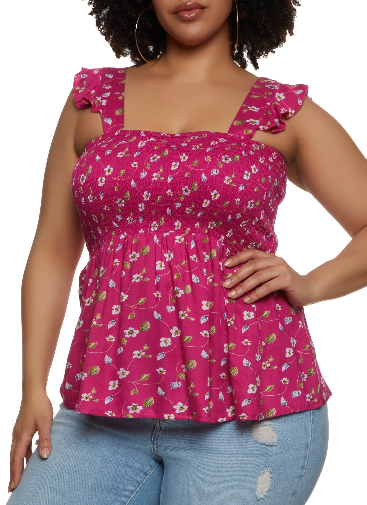 Plus Size Floral Print Smocked Sleeveless Top sold by Rainbow