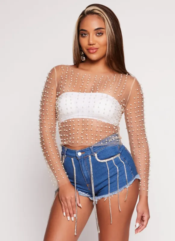Haute Monde Mesh Rhinestone Faux Pearl Top sold by Rainbow