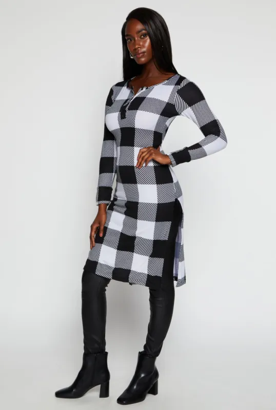 Plaid Side Slit Long Sleeve Tunic Top sold by Rainbow