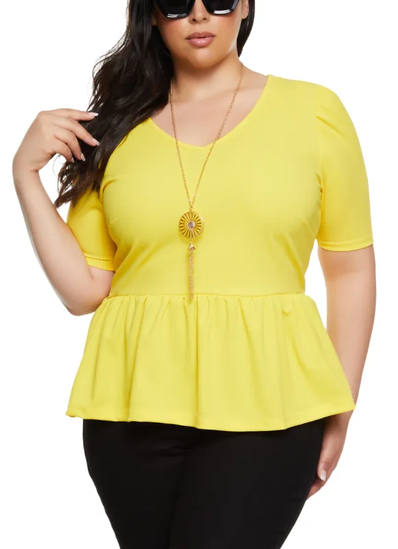 Plus Size Puff Sleeve Peplum Blouse with Necklace sold by Rainbow