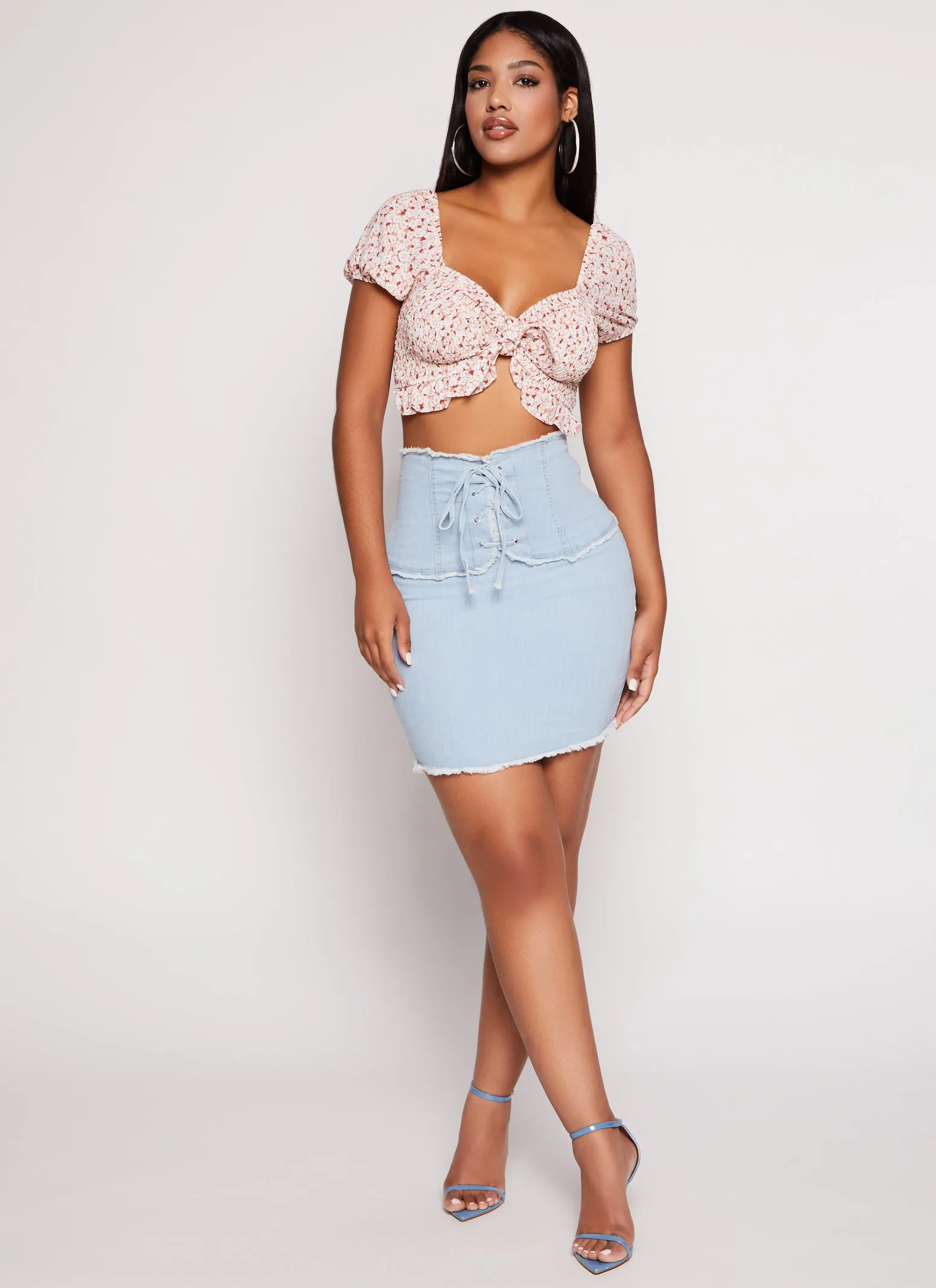 Iris Floral Print Peasant Tie Front Crop Top sold by Rainbow product image thumbnail 4