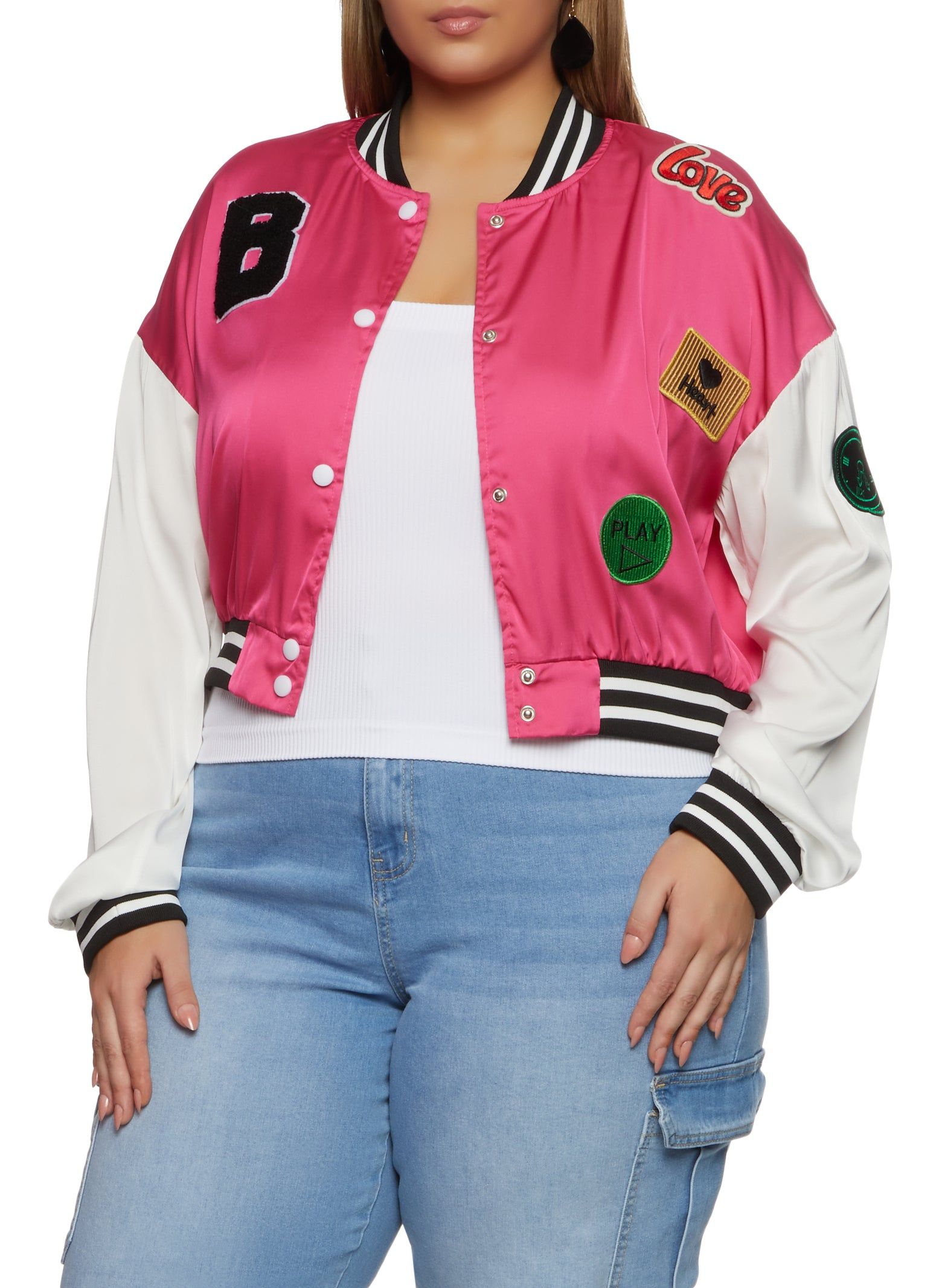 Plus Size Daisy B Chenille Graphic Patch Varsity Jacket sold by Rainbow