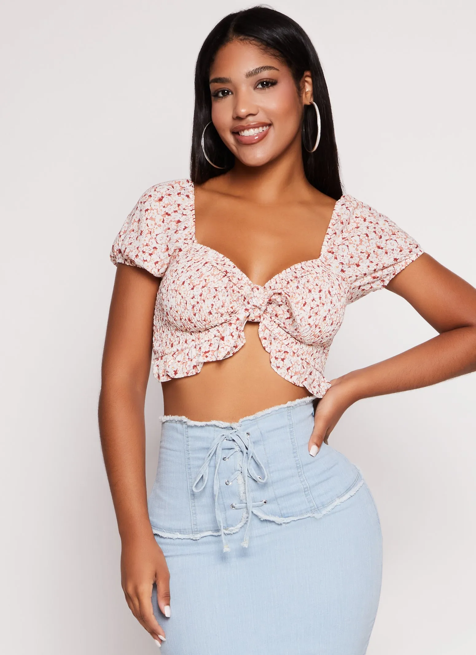 Iris Floral Print Peasant Tie Front Crop Top sold by Rainbow product image thumbnail 3