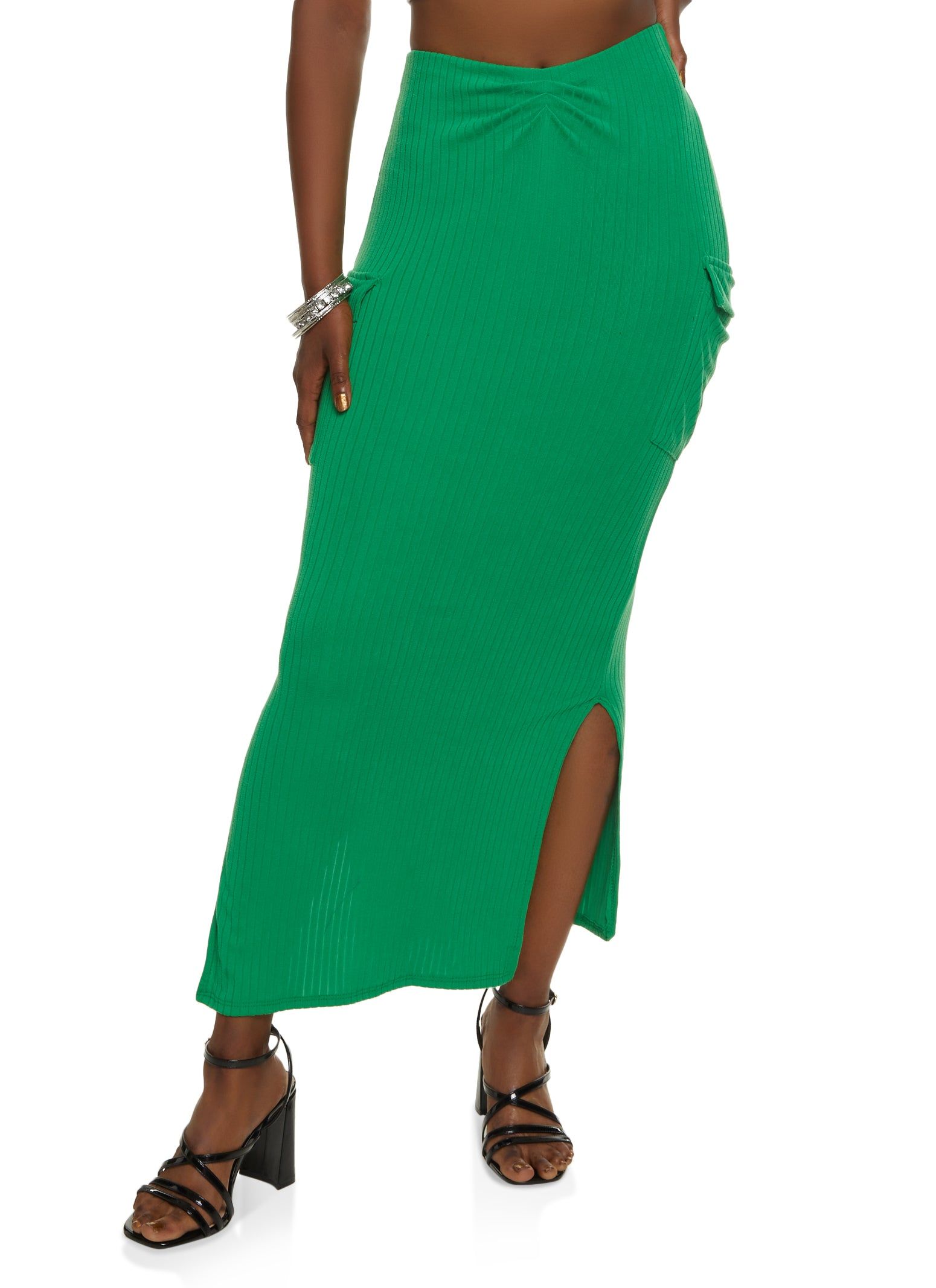 Ribbed Knit Cargo Maxi Skirt sold by Rainbow