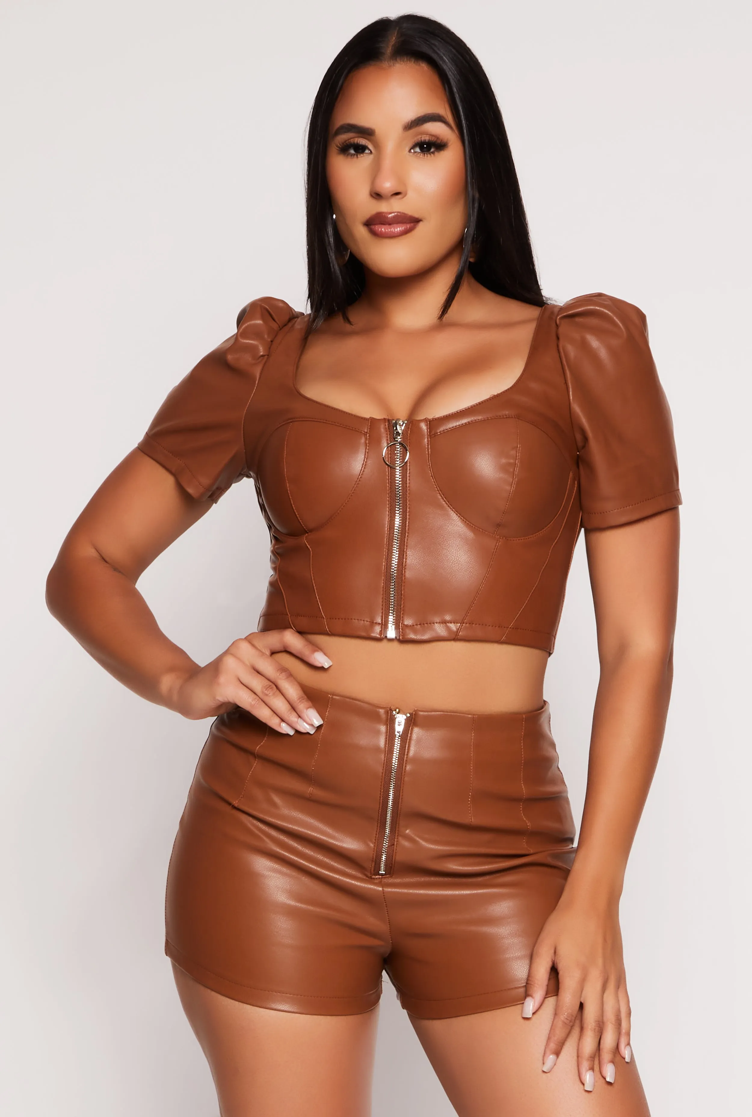 Faux Leather Zip Front Puff Sleeve Corset Top sold by Rainbow