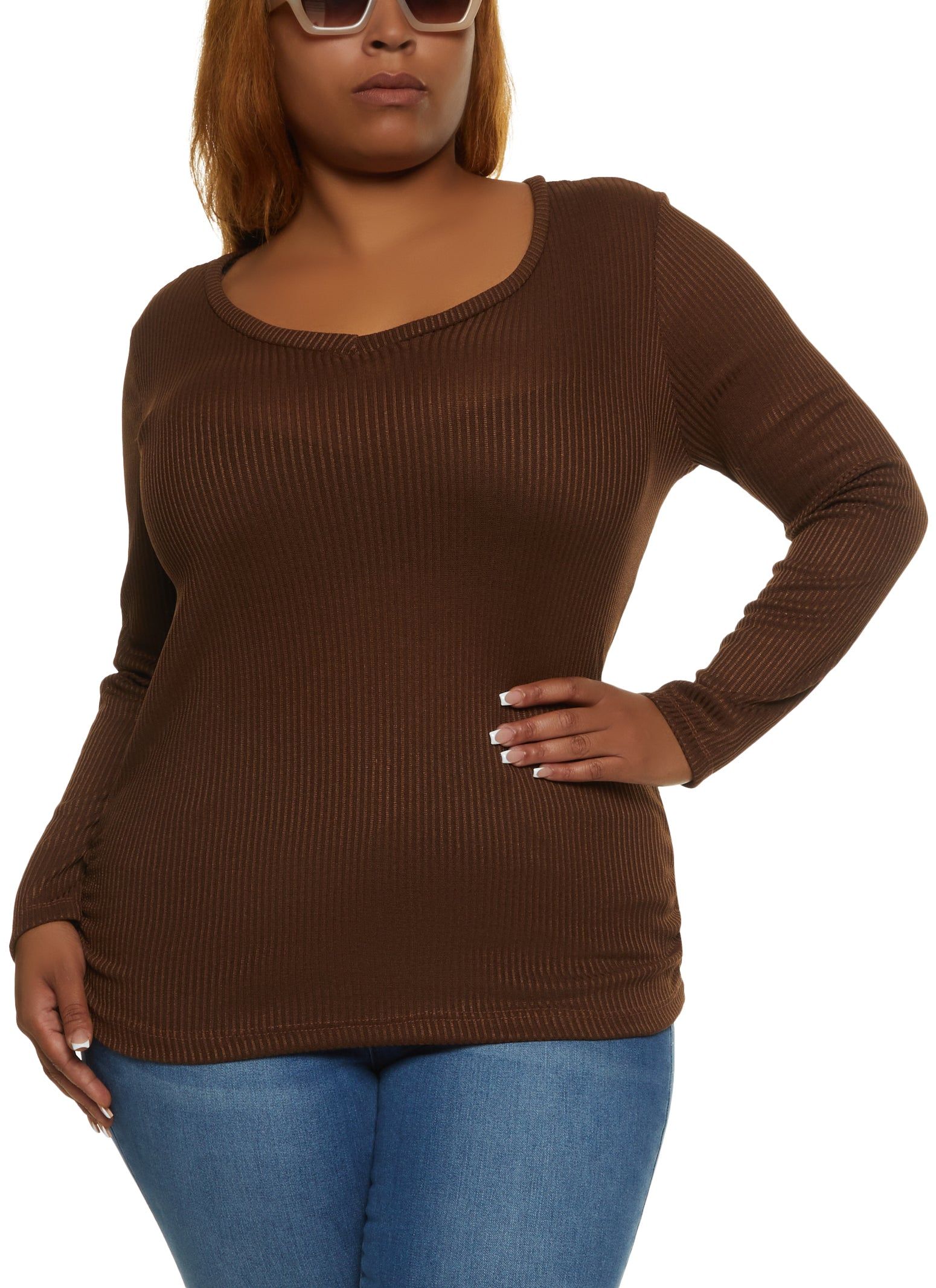 Plus Size Solid Ribbed Knit Long Sleeve Top sold by Rainbow