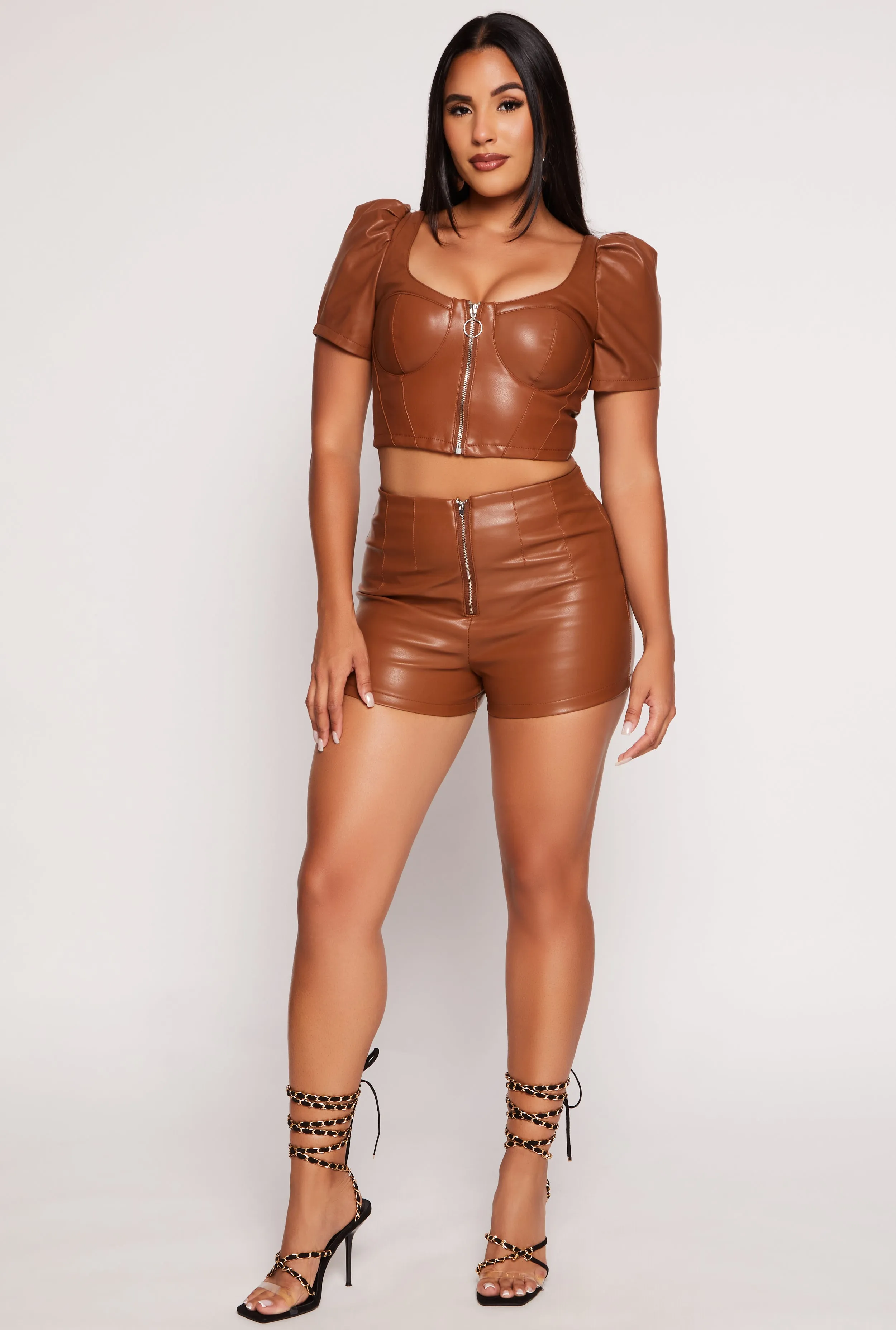 Faux Leather Zip Front Puff Sleeve Corset Top sold by Rainbow product image thumbnail 2