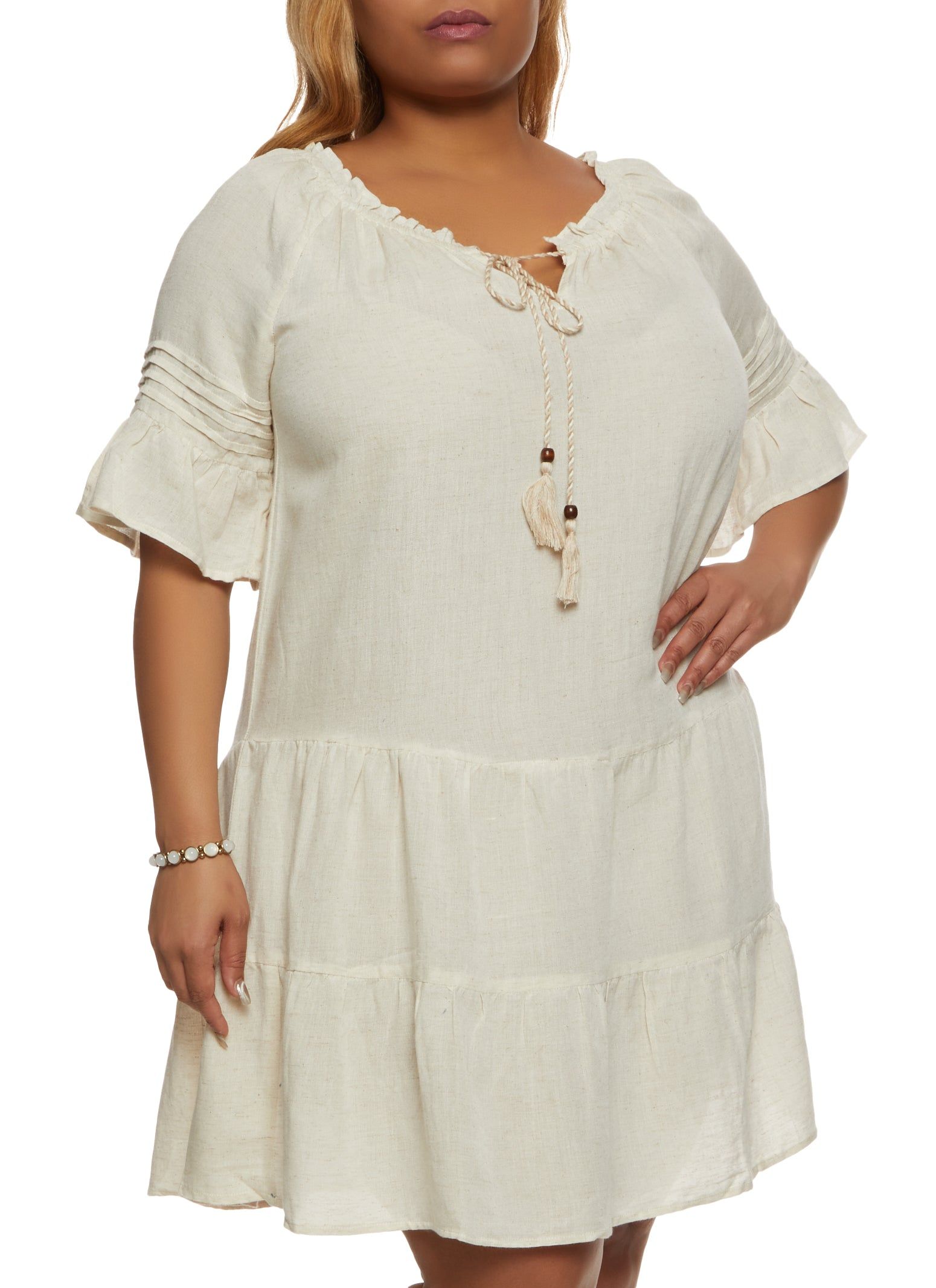 Plus Size Tassel Tie Front Tiered Shift Dress sold by Rainbow