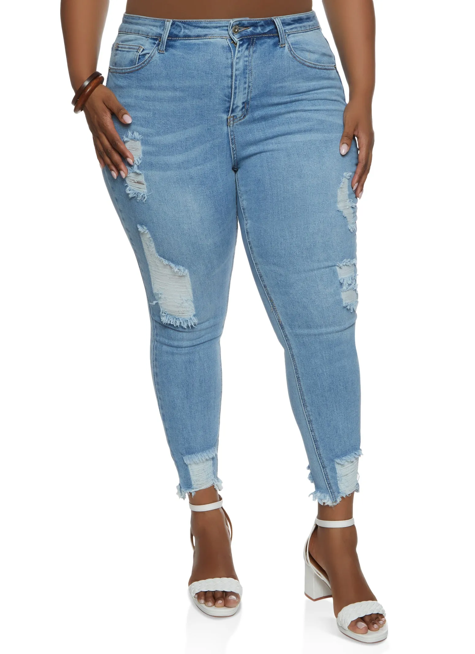 Plus Size WAX Frayed Hem Distressed Skinny Jeans sold by Rainbow