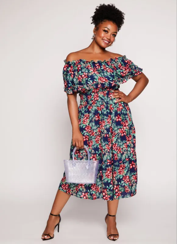 Plus Size Floral Print Overlay Off the Shoulder Midi Dress sold by Rainbow