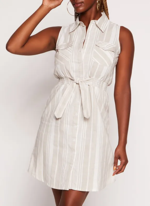 Striped Button Front Smocked Waist Tie Front Shirt Dress sold by Rainbow