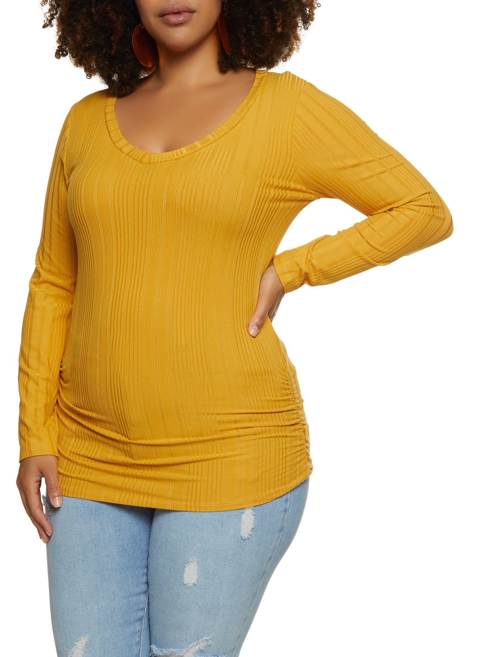 Plus Size Ribbed Knit Long Sleeve Ruched Top sold by Rainbow