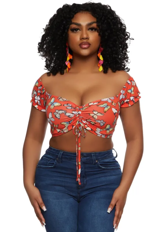 Almost Famous Printed Off the Shoulder Ruched Crop Top sold by Rainbow