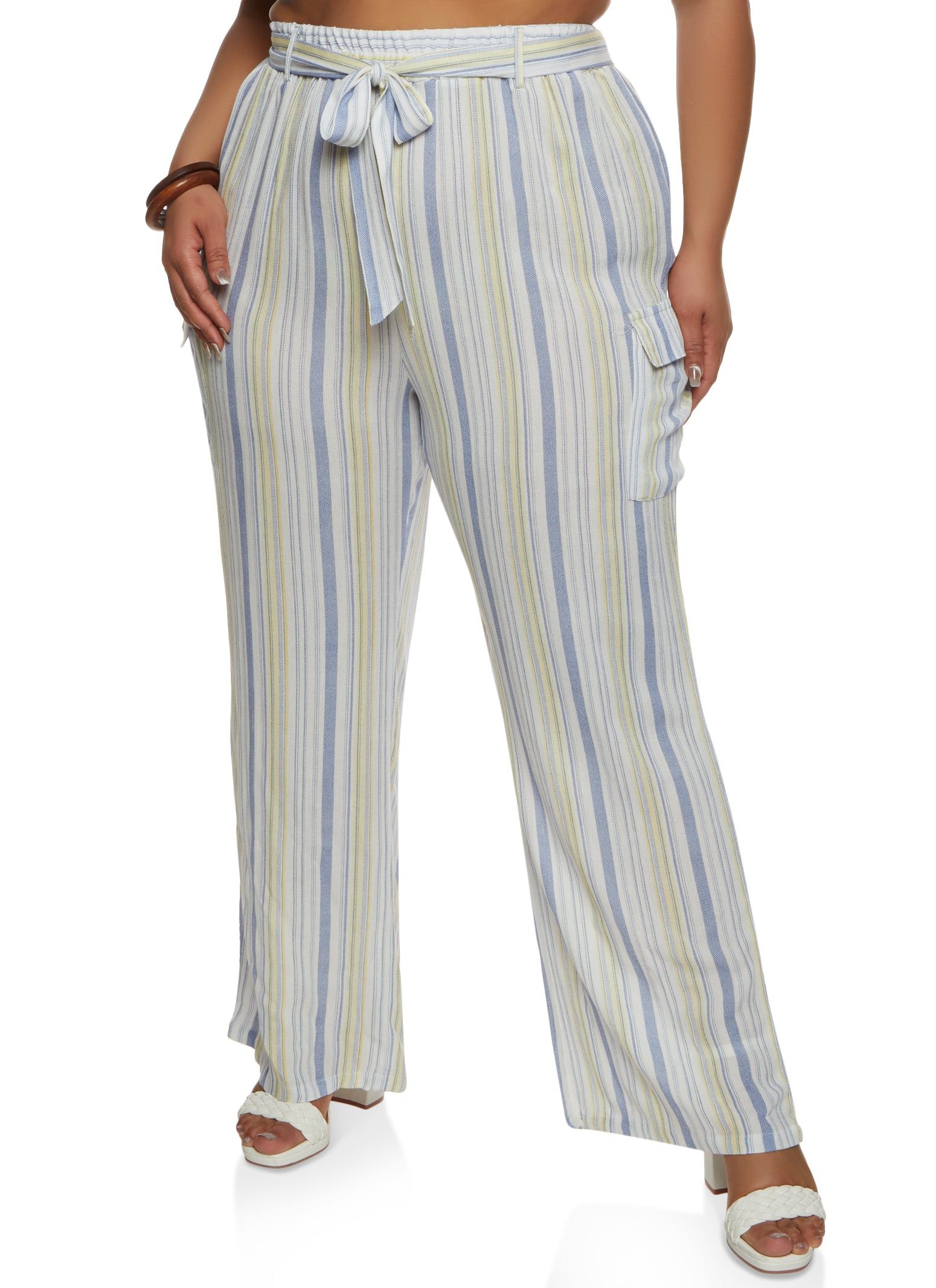 Plus Size Striped Tie Waist Belted Wide Leg Pants sold by Rainbow