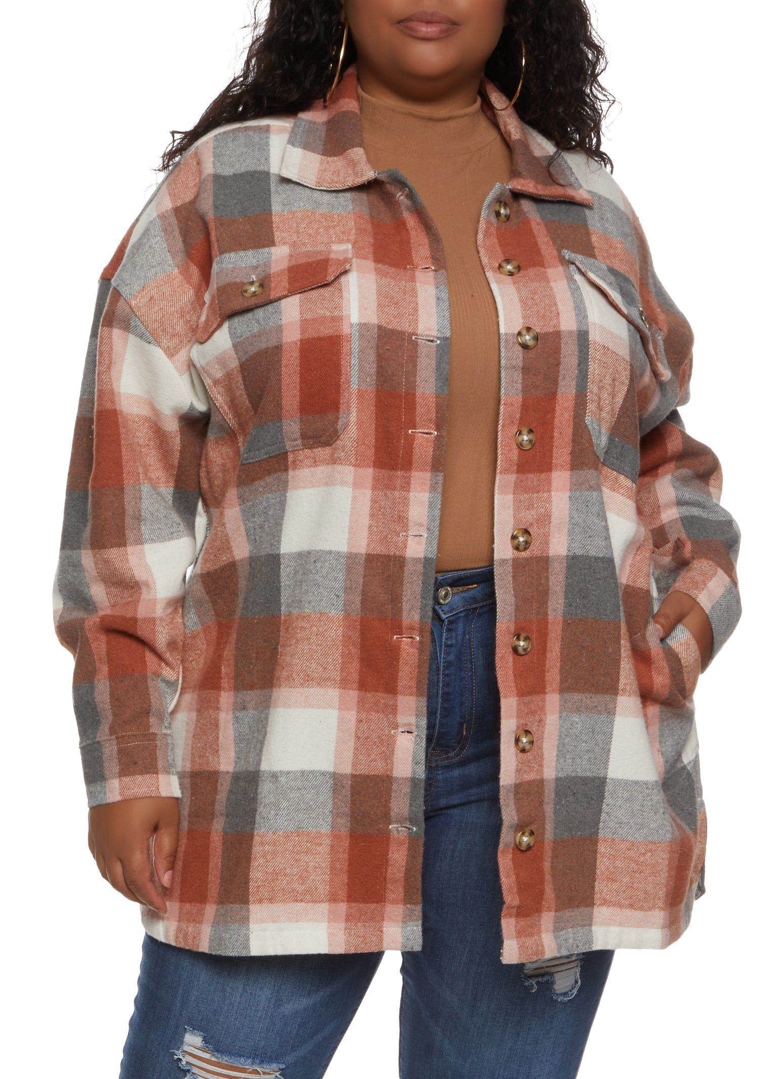 Plus Size Plaid Button Front Shacket sold by Rainbow