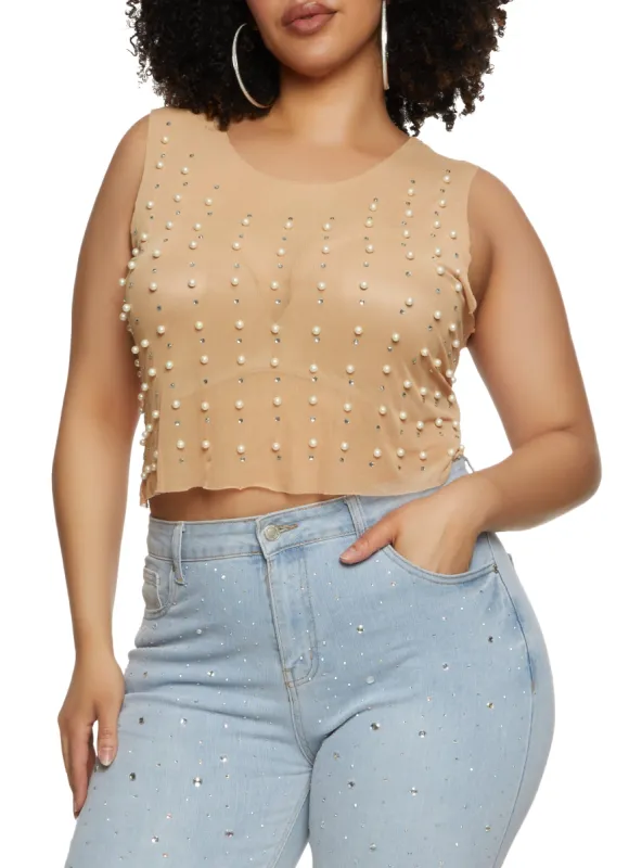 Plus Size Faux Pearl Mesh Crop Top sold by Rainbow