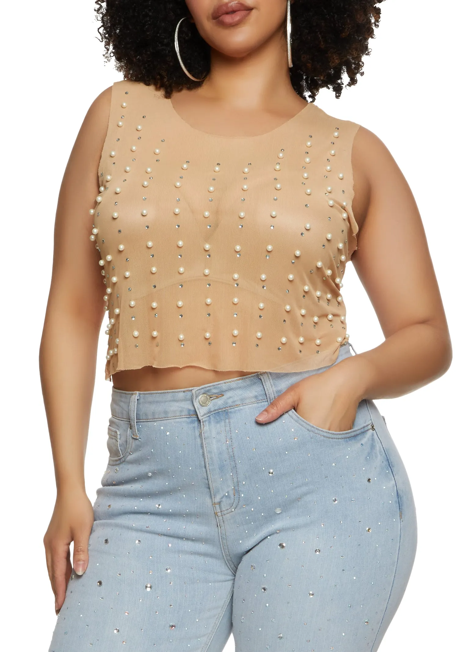 Plus Size Faux Pearl Mesh Crop Top sold by Rainbow