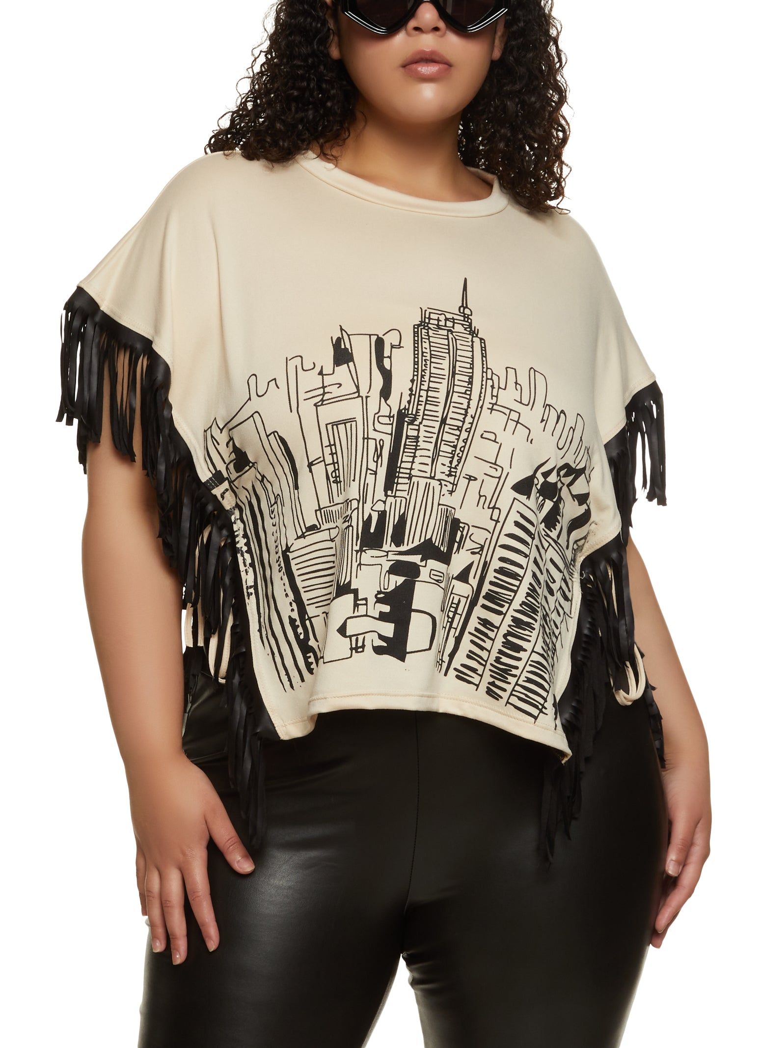 Plus Size Faux Leather Fringe Skyline Graphic Top sold by Rainbow