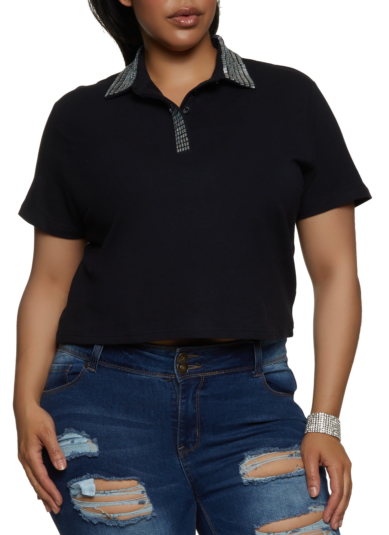 Plus Size Studded Collar Polo Top sold by Rainbow