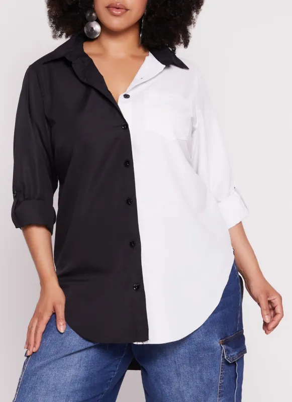 Plus Size Color Block Button Front Shirt sold by Rainbow