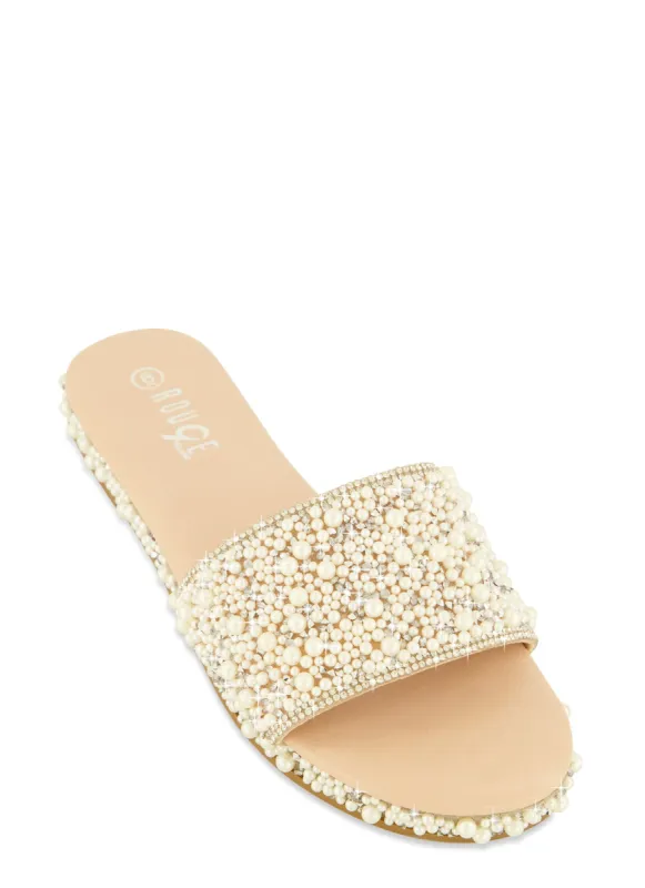 Rhinestone Trim Faux Pearl Band Slide Sandals sold by Rainbow
