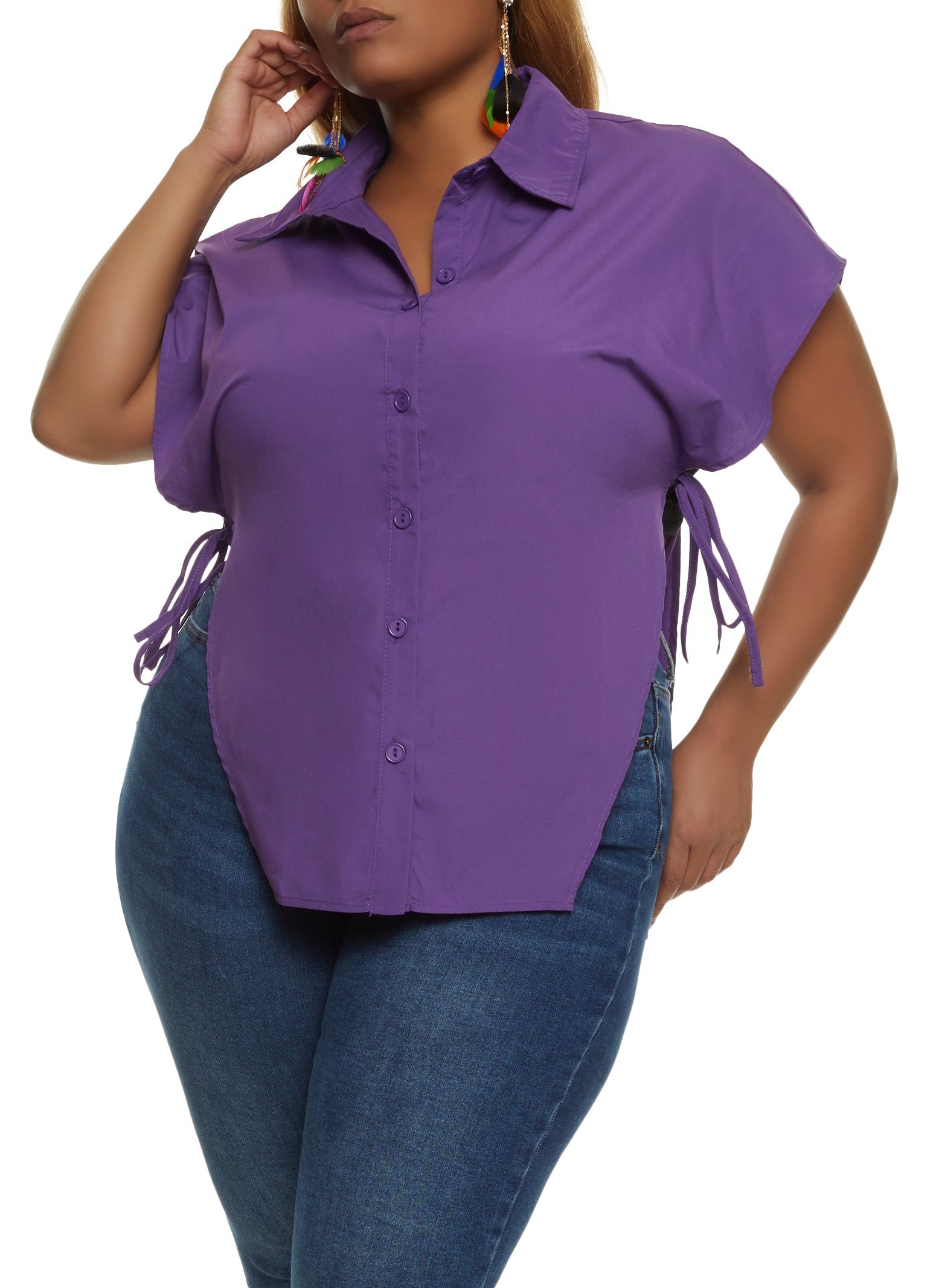 Plus Size Collared Button Front Tie Side Top sold by Rainbow