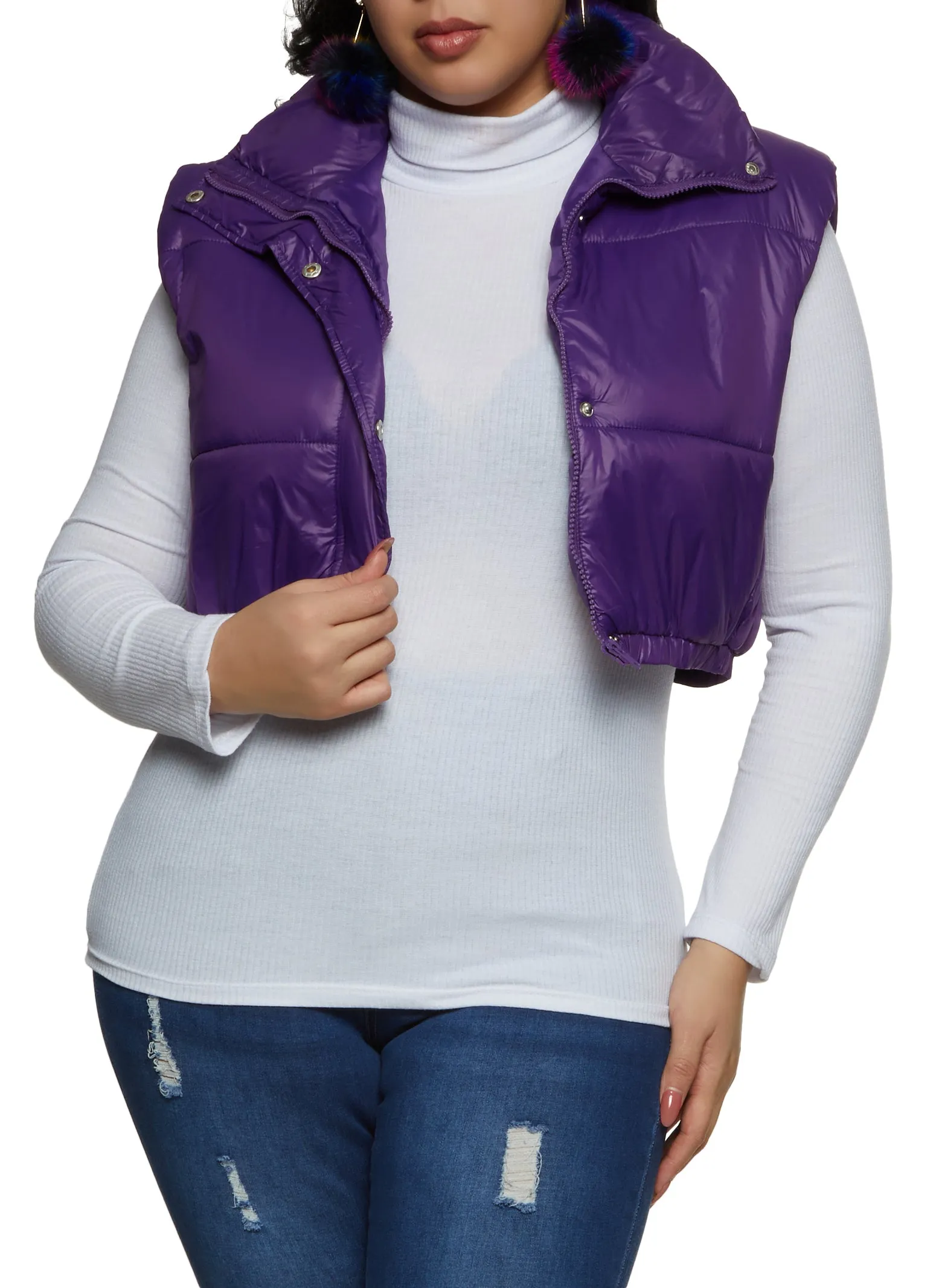 Plus Size Snap Button Zip Front Cropped Puffer Vest sold by Rainbow