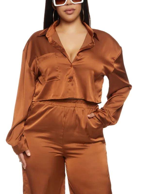 Plus Size Daisy Satin Button Front Cropped Shirt sold by Rainbow
