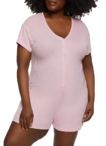 Plus Size Ribbed V Neck Pajama Romper sold by Rainbow