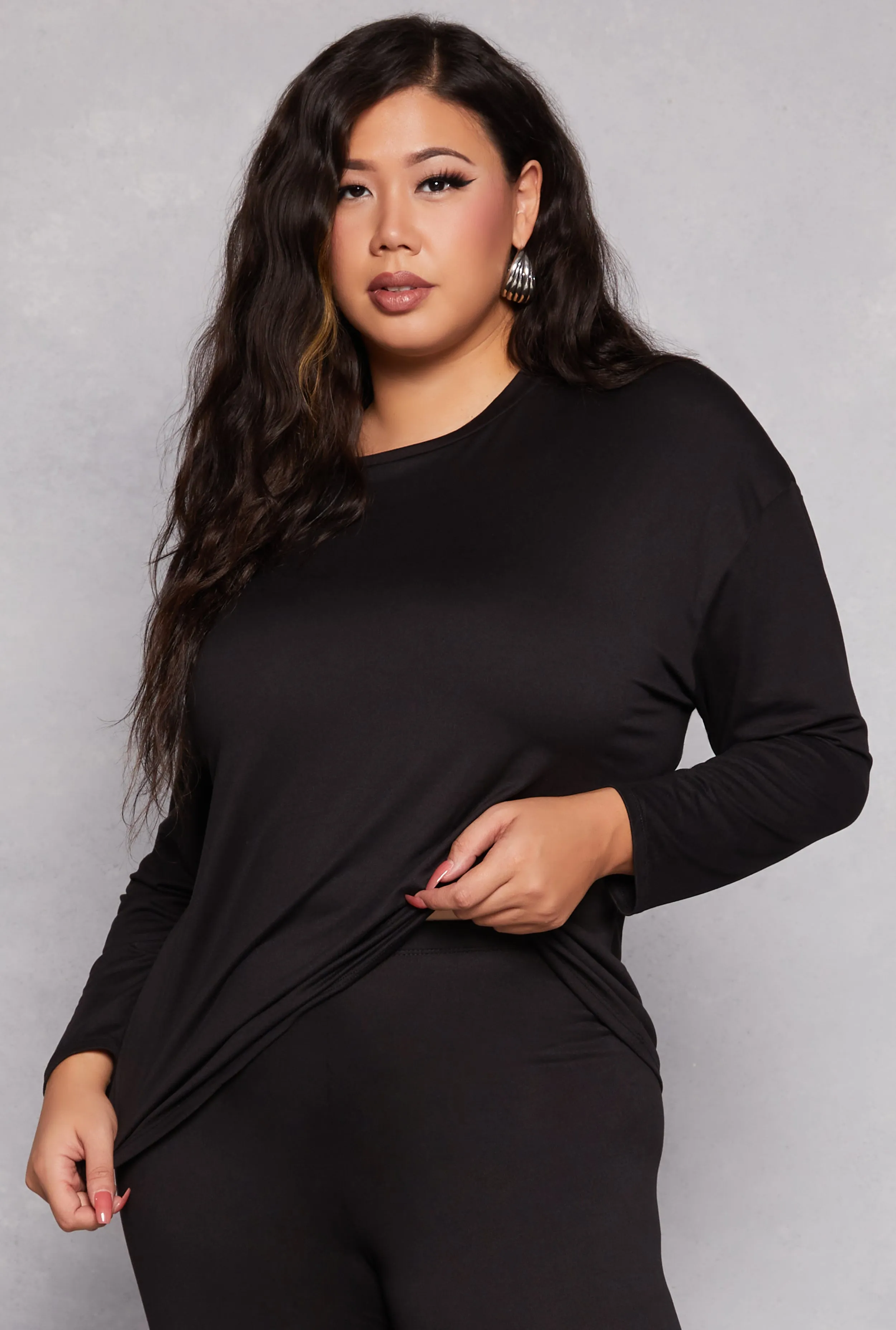 Plus Size Solid Crew Neck Long Sleeve Top sold by Rainbow