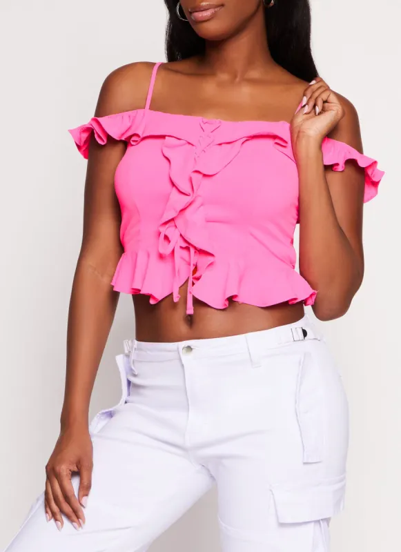 Iris Ruffle Trim Lace Up Cold Shoulder Blouse sold by Rainbow