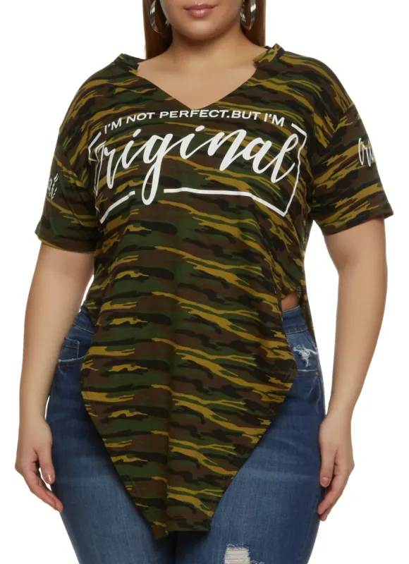 Plus Size Camo Im Not Perfect But Im Original Hanky Hem Graphic Tee sold by Rainbow
