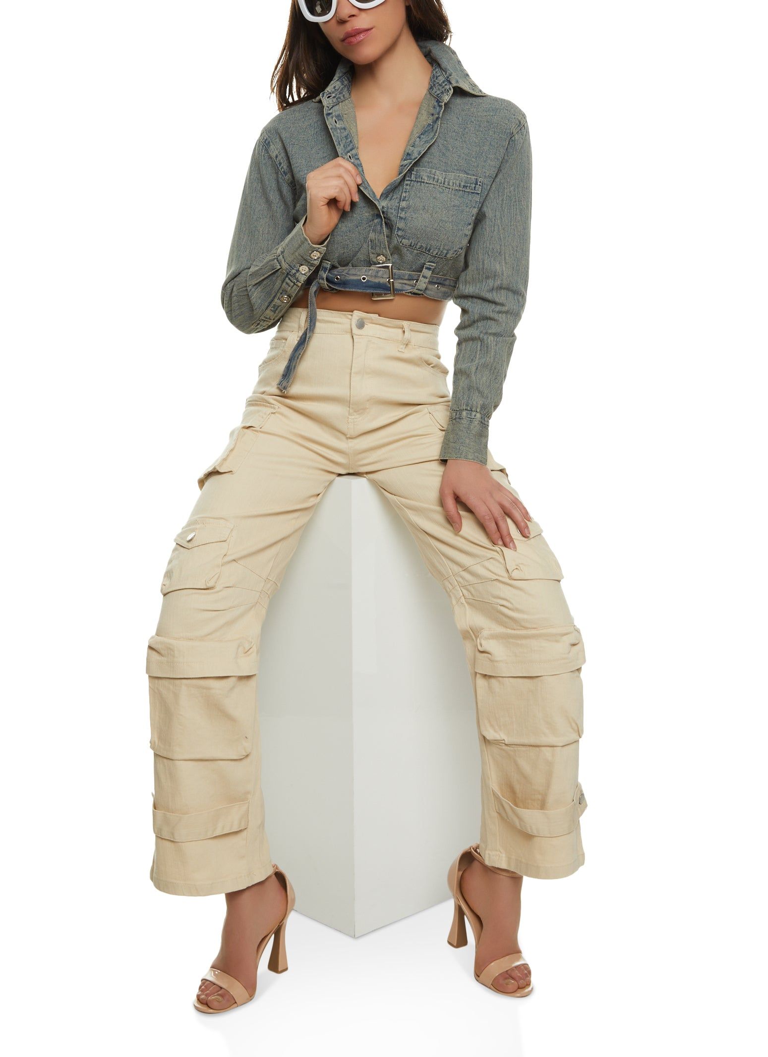 Denim Acid Wash Belted Button Front Shirt sold by Rainbow