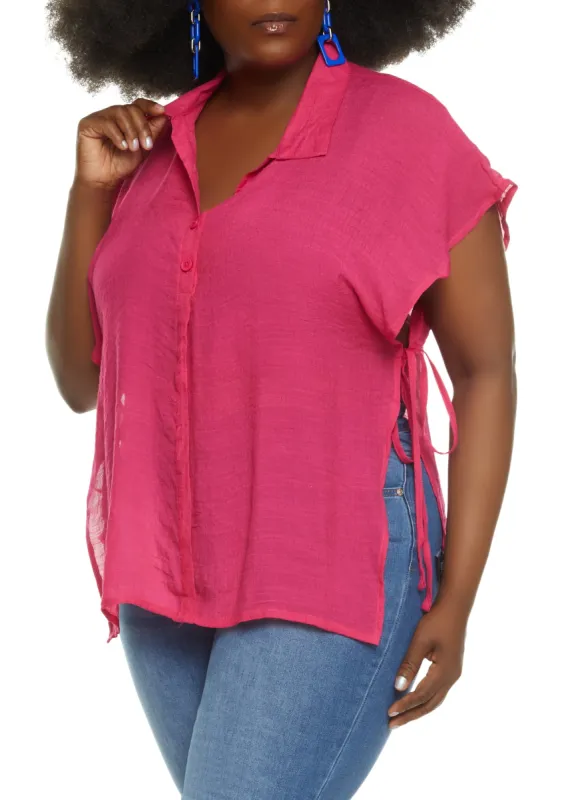 Plus Size Solid Open Side Tie Button Front Top sold by Rainbow