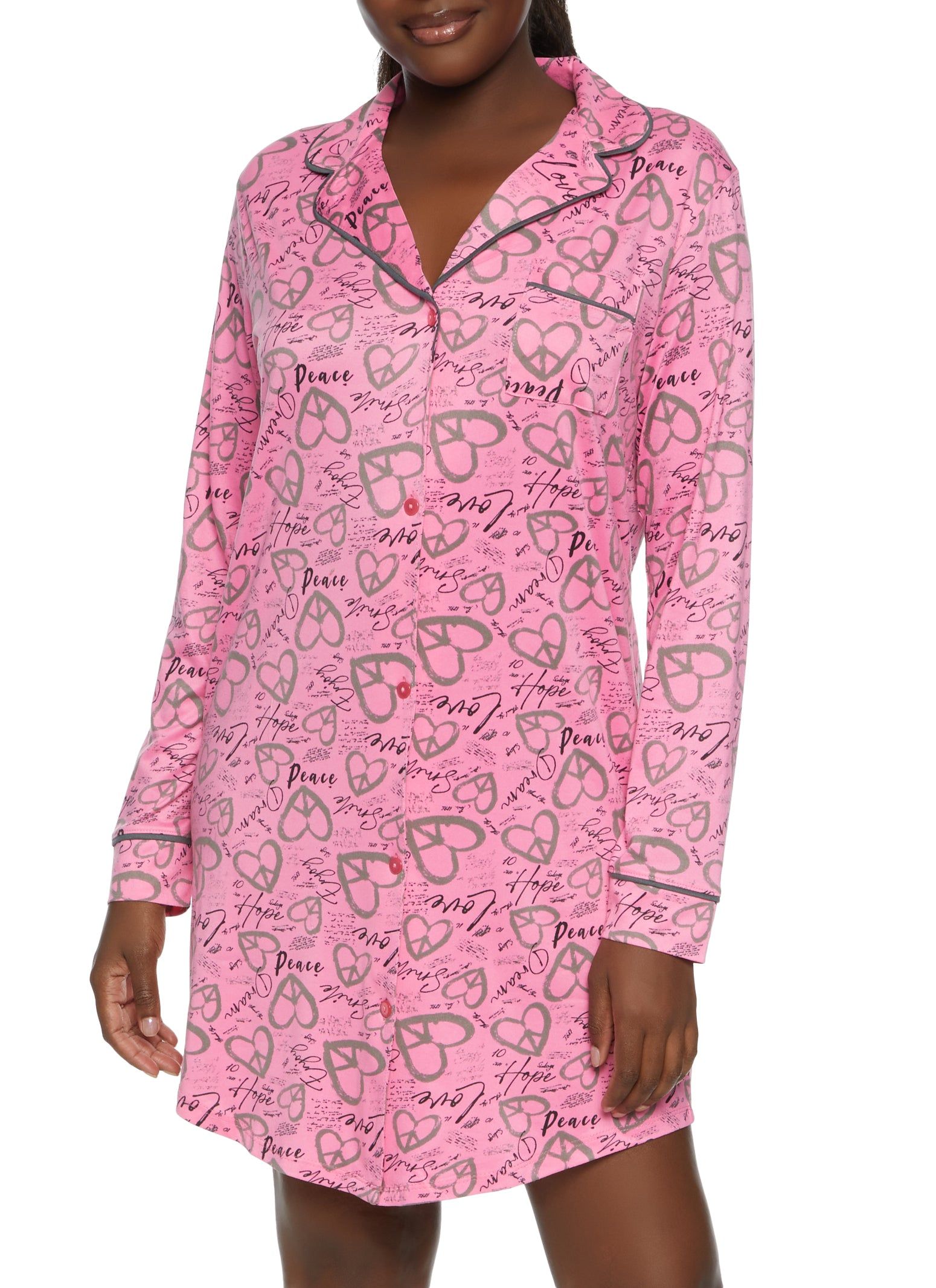 Love Heart Printed Button Front Graphic Nightgown sold by Rainbow
