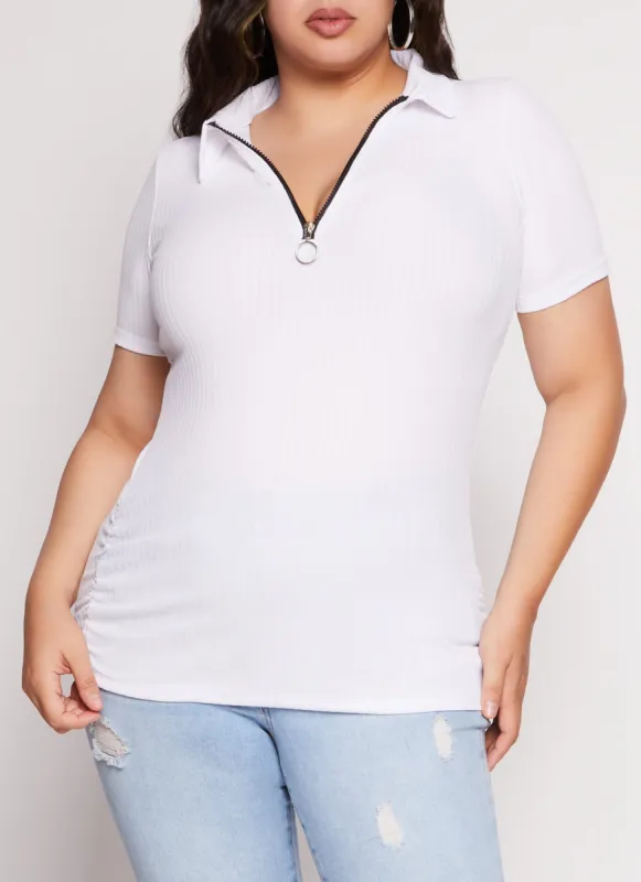 Plus Size Ruched Half Zip Polo Shirt sold by Rainbow