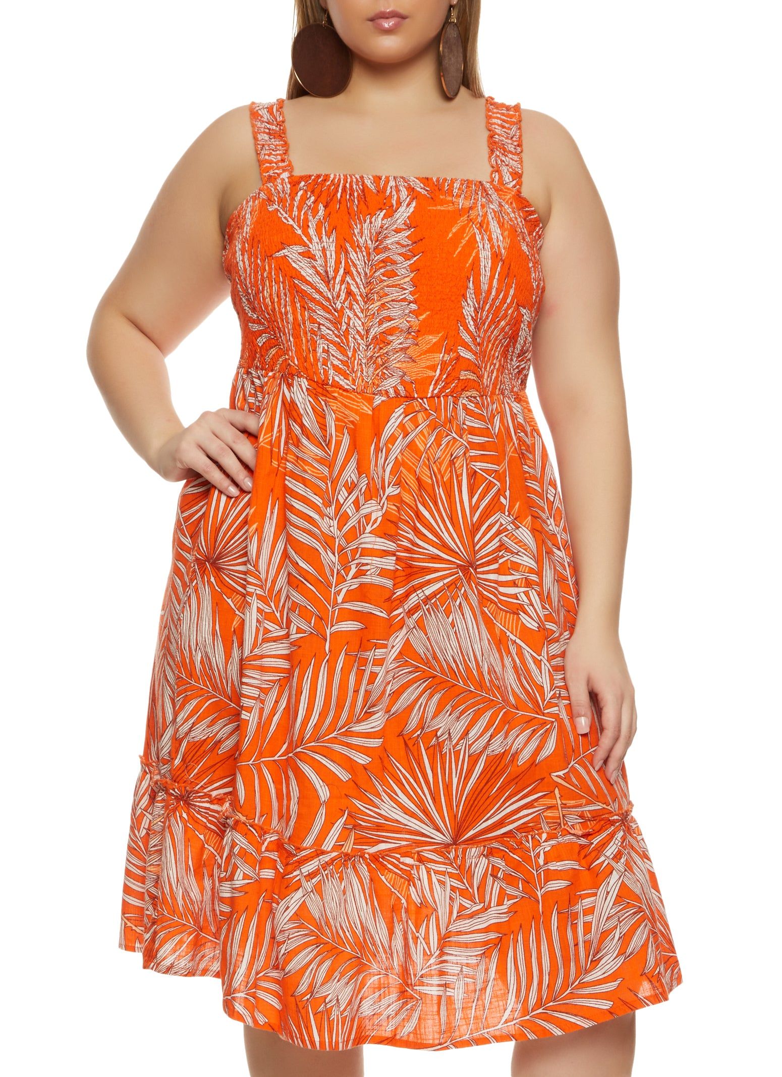 Plus Size Palm Print Smocked Sundress sold by Rainbow
