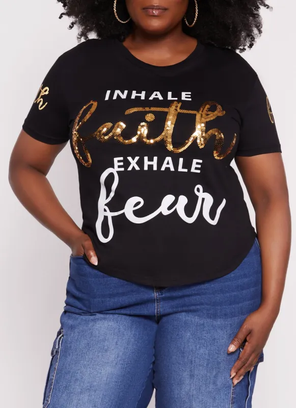 Plus Size Inhale Faith Exhale Fear Sequin Graphic Tee sold by Rainbow