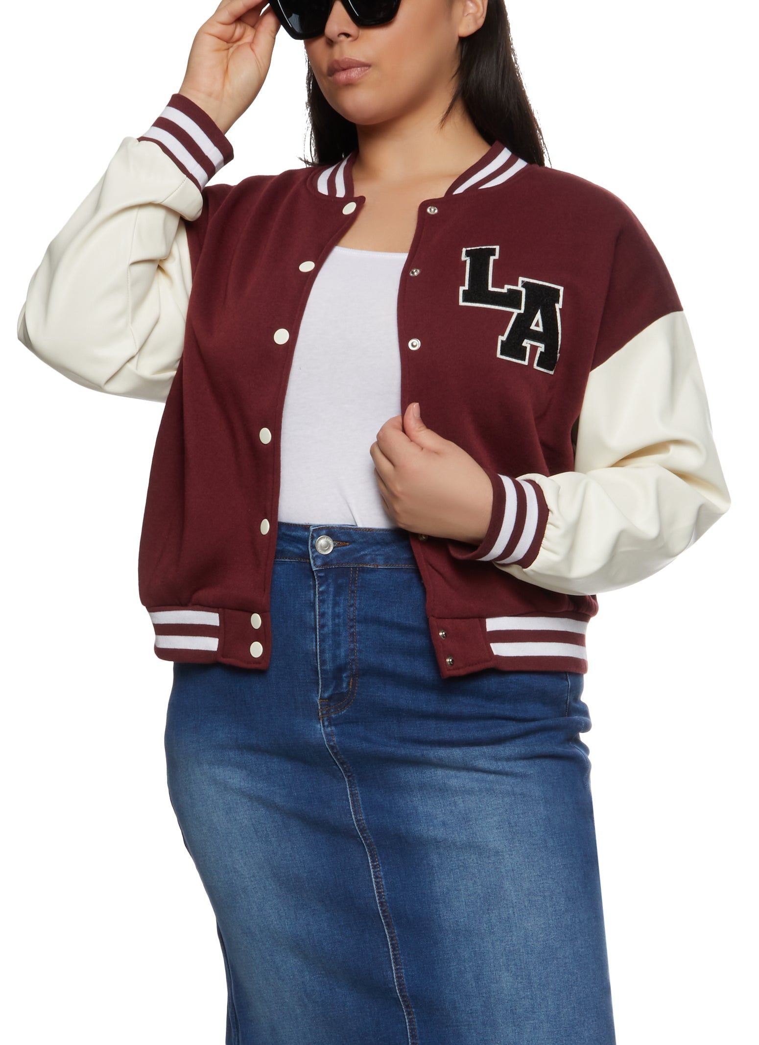 Plus Size Color Block Patch Varsity Jacket sold by Rainbow